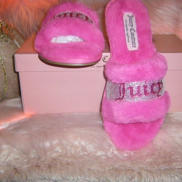 Juicy Couture Slide Slippers Faux Fur Crystals Gravity Pink Women's Sizes - Picture 3 of 15